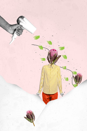 Vertical collage image of black white effect arm hold hair dryer blow hot air guy flower instead head melt snow isolated on pink backgroundの写真素材