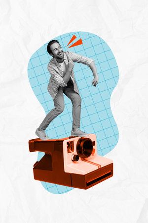 Vertical photo collage of happy guy blogger pose vintage instant camera paparazzi shoot photographing isolated on painted backgroundの写真素材