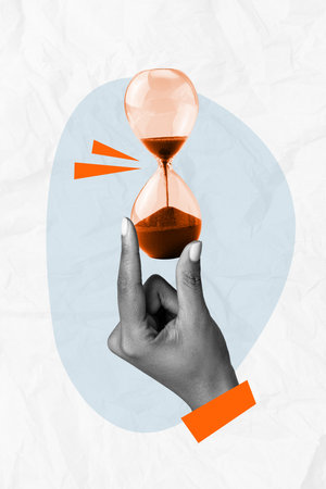Vertical photo collage of hand hold hourglass sand pour eternity ancient time watch timetable heap hour isolated on painted backgroundの写真素材