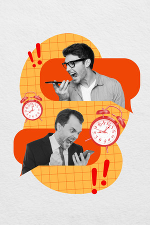Vertical photo collage of two workers call phone scream alarm clock limit disagreement misunderstanding isolated on painted backgroundの写真素材