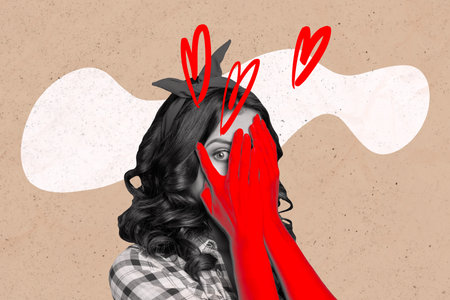Creative picture collage young girl hide face cover hands eye peek see look stare espionage valentine day hearts romantic holidayの写真素材