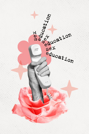 Vertical photo collage of hand hold telephone receiver sex education call tempting call information contact isolated on painted backgroundの写真素材