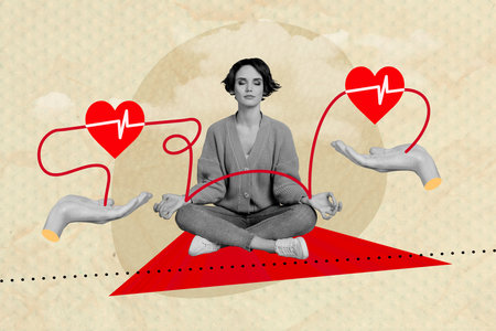 Creative picture collage sitting young girl closed eyes concentration blood collection donorship medical help rescue hospitalの写真素材