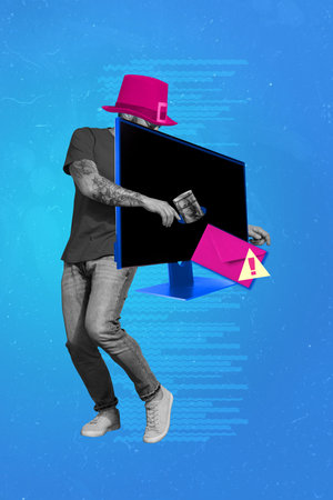 Vertical collage young man pink cylinder hat carry pc screen envelop email internet correspondence...