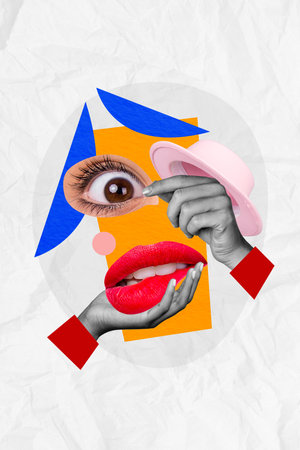 Vertical photo collage of hands hold parts elements face lips eye teeth pink hat funny sketch isolated on painted backgroundの写真素材