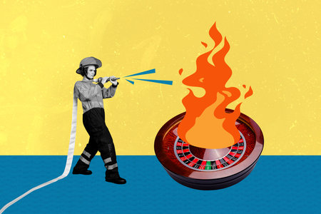 Composite photo collage of serious girl wear firefighter uniform water burn roulette game poker casino isolated on painted backgroundの写真素材