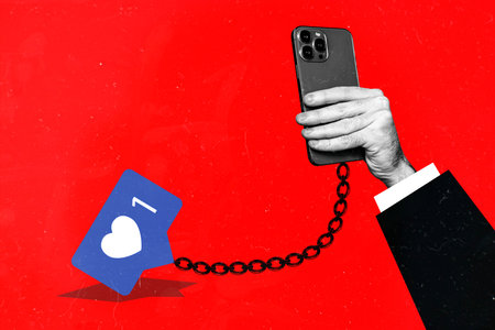 Composite collage picture image of hand hold telephone chain heart icon social media slave addicted fantasy billboard comics zineの写真素材