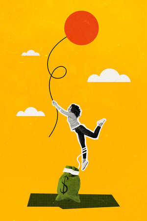 Vertical photo collage of amazed girl fly air balloon thread load heavy money bag dollar emblem currency isolated on painted backgroundの写真素材