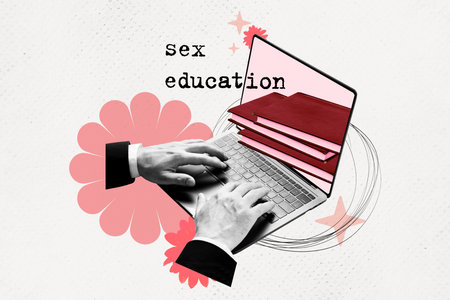 Composite photo collage of hand type laptop internet article sex education knowledge typewriter author isolated on painted backgroundの写真素材