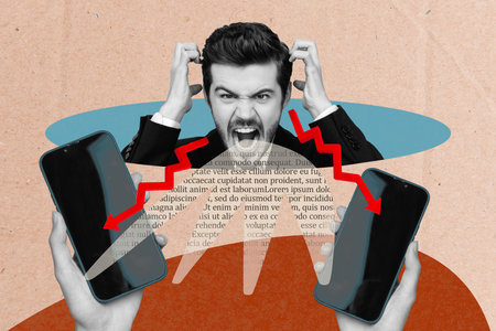 Collage young irritated annoyed businessman entrepreneur shouting trading failure investor...