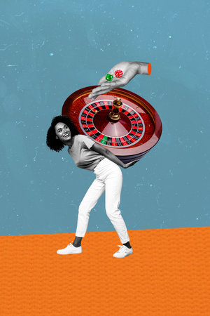 Vertical photo collage of happy american girl carry roulette casino table hand hold cubes player dice isolated on painted backgroundの写真素材