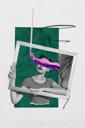 Vertical image collage of young girl blind eyeless paint brush artist model hold frame picture art striped t shirt isolated on painted backgroundの写真素材