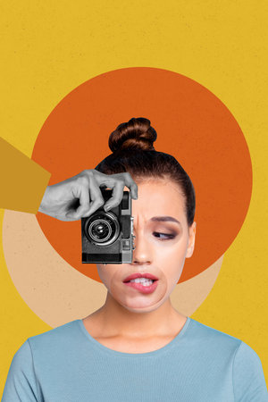 Trend artwork composite sketch image collage of young attractive lady paparazzi face in pieces look at photocamera make shoot pictureの写真素材