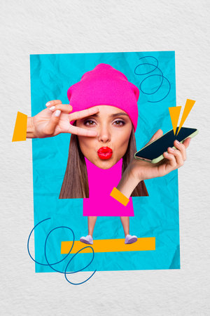 Vertical photo collage of young model girl show two fingers lips duckface hold new phone device modern user isolated on painted backgroundの写真素材