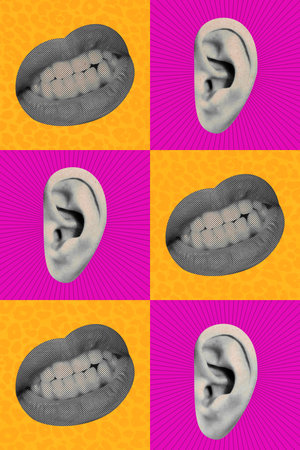 Composite trend artwork sketch 3D photo collage of black white silhouette pop art bodyless huge mouth ear pin up collection face pieceの写真素材