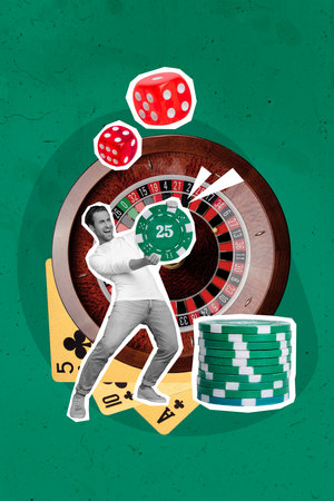 Composite 3d photo collage of black white silhouette joyful smiled guy hold in hand huge gamble chip behind huge game roll playing cardsの写真素材