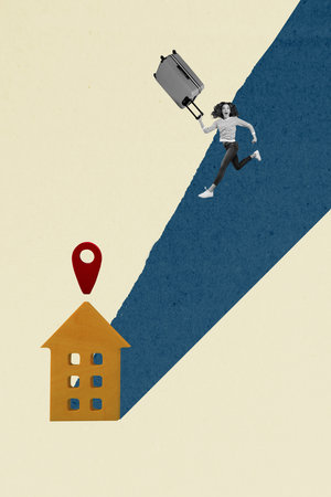 Vertical collage picture of astonished mini black white colors girl hold suitcase run home geolocation mark isolated on beige backgroundの写真素材