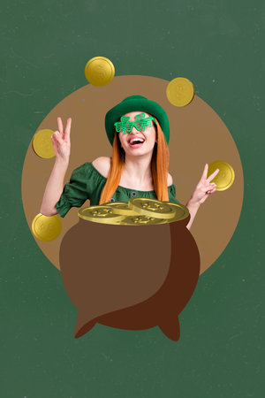 Vertical collage of excited girl saint patrick glasses money coins bank demonstrate v-sign isolated on green backgroundの写真素材
