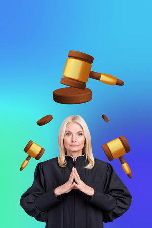 Vertical photo collage picture honorable woman lawyer courthouse judge hammer verdict innocence punishment occupation job robe sentenceの写真素材