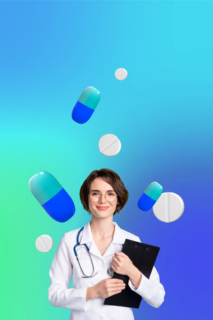 Vertical collage standing young smiling doctor hold folder medical examination pills patient illness treatment consultation medicationの写真素材