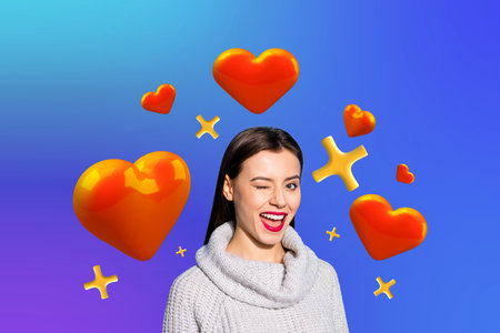 Creative photo collage young happy cheerful girl blinking love heart symbol february autumn holiday...