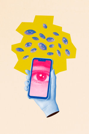 Trend composite sketch artwork image 3d collage photo of enormous cut one colored arm hold modern smartphone in hand huge eye on device display looks straightの写真素材