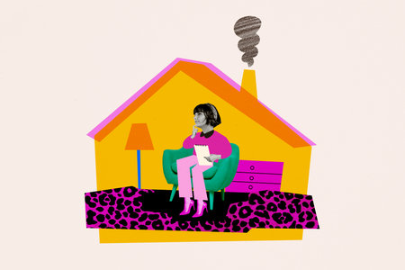 Collage image of minded successful girl sitting at home on armchair and pondering isolated on drawing backgroundの写真素材