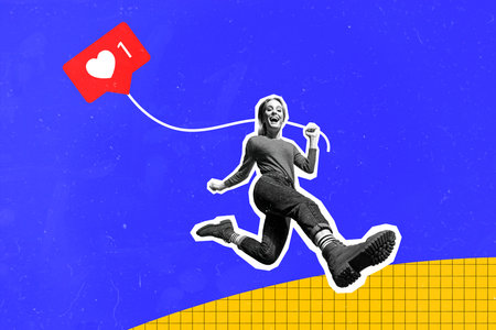 Collage image artwork of joyful positive happy girl popular blogger running hurrying moving fast isolated on drawing backgroundの写真素材