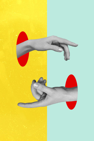 3d retro abstract creative artwork template collage of arms growing walls holes isolated painting backgroundの写真素材