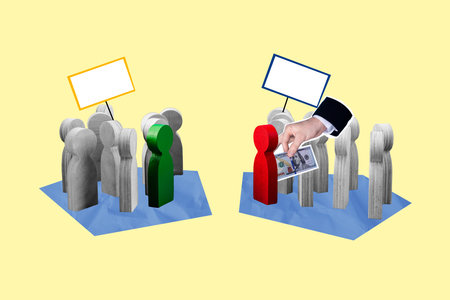 Creative picture collage human figures communities two side bribe give money election crime protest...