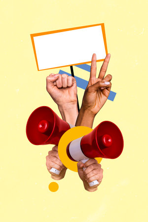 Vertical poster collage human hands showing protest loudspeaker bullhorn peace victory sign fist fight power strike drawing backgroundの写真素材
