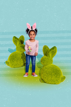 Creative trend collage of cute little girl bunny figure bush easter concept weird freak bizarre...