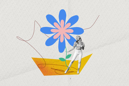 Collage picture of black white colors mini girl enjoy listen music dancing big painted flower isolated on paper backgroundの写真素材
