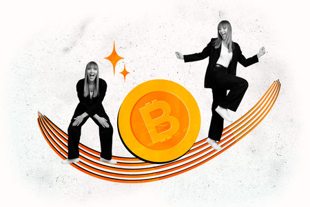 Composite photo collage of happy dance girls colleagues promotion bitcoin gold crypto money trade nft isolated on painted backgroundの写真素材