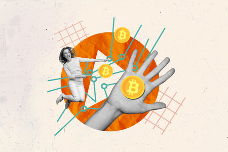 Composite photo collage of happy excited girl trader jump hand hold palm bitcoin gold money cryptocurrency isolated on painted backgroundの写真素材