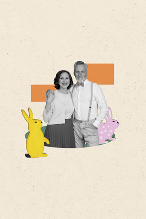 Creative drawing collage picture of cute grandparents couple rabbit celebrate together easter...