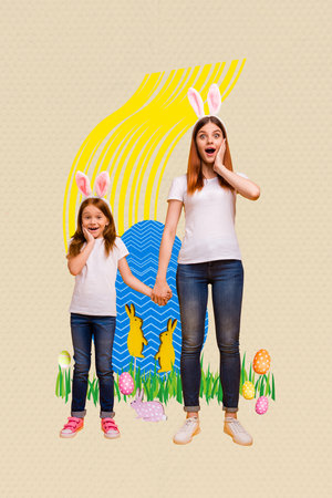 3d retro abstract creative template collage of funny happy family mother daughter hold hands easter concept billboard comics zine minimalの写真素材
