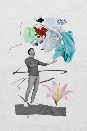 Composite trend artwork sketch image 3d photo collage of black white silhouette young guy throws garbage environment up air pollutionの写真素材