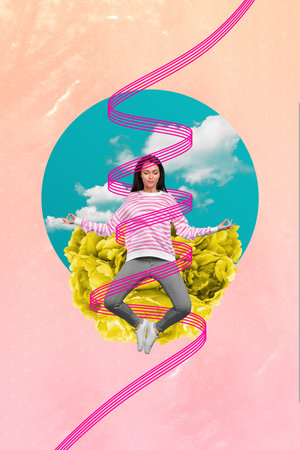 Abstract template graphics collage image of dreamy lady practicing yoga isolated colorful backgroundの写真素材