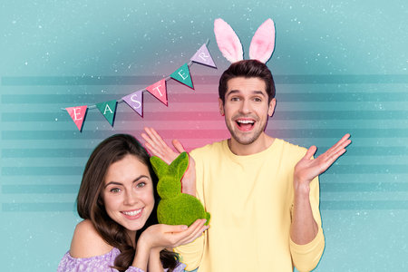 Creative trend collage of funny couple have fun hold rabbit grass bush easter concept weird freak...