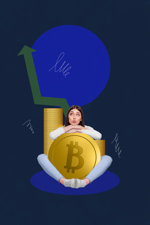 Vertical creative picture collage young happy girl sitting bitcoin cryptocurrency trader successful plan progress good resultsの写真素材