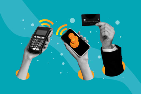 Creative collage picture human hands cashless payment credit card terminal nft signal internet connection bitcoin golden tokensの写真素材