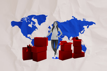 Composite photo collage of happy woman stand pile boxes international delivery worldwide service...