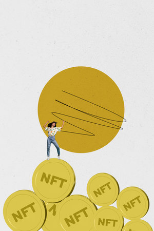 Vertical collage picture happy young dancing girl nft cryptocurrency trading drawing doodles rich millionaire trader celebrate successの写真素材