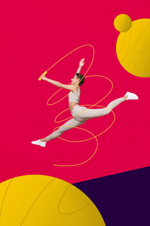 Composite trend artwork sketch image photo collage of young active lady do training exercise jump spread legs stretching balance balletの写真素材