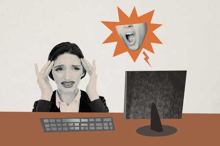 Composite photo collage of sad girl sit computer monitor video call scream mouth deadline failure workload isolated on painted backgroundの写真素材