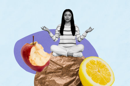 Composite collage picture of mini black white colors girl sit crumpled paper meditate bitten apple lemon isolated on creative backgroundの写真素材