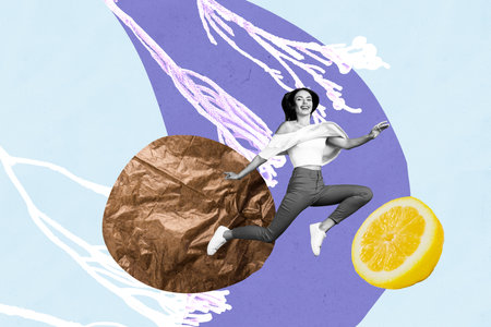 Composite collage picture of mini black white effect girl jump fly big lemon drawing plant isolated...