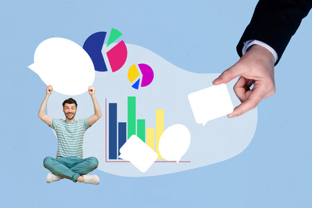 Composite artwork 3D collage of young happy guy sit lotus pose hold in hand speech bubble projects...