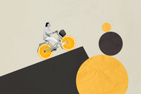 Composite 3D photo collage trend artwork sketch image of young active lady ride bike on egde cliff orange fruit circles instead wheelsの写真素材